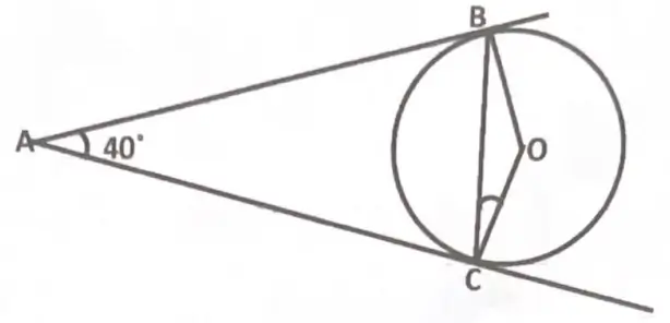 Class 10 Maths Question 2 diagram showing two tangents AB and AC to a circle with centre O and angle BAC equal to 40 degrees